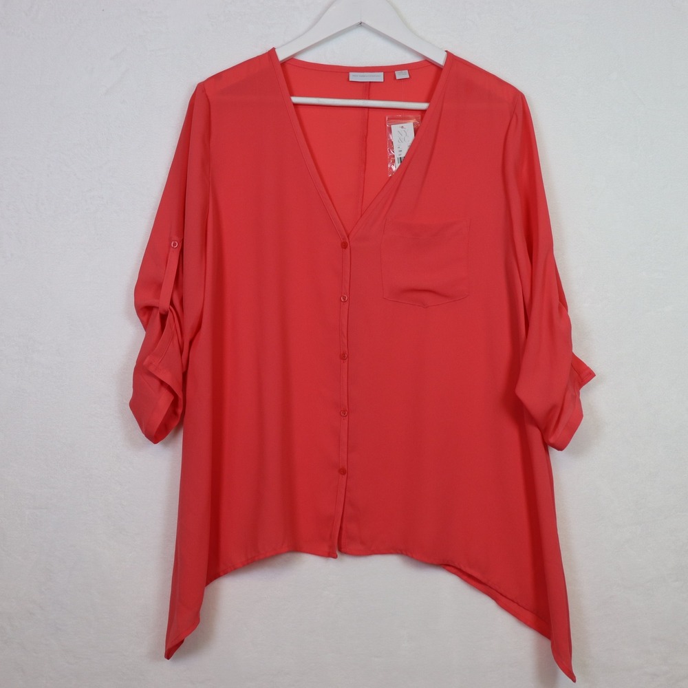 NEW YORK & CO Coral‎ V Neck Roll Tab Sleeve Pocket Hi Lo Blouse Shirt Medium